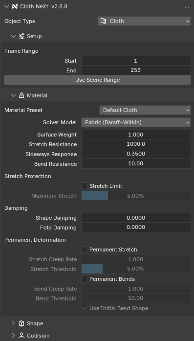 Cloth neXt panel in Blender's Physics properties with frame range, material preset and fabric controls